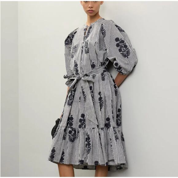 SZ Blockprints Navy Blue Midi Dress MEDIUM Cotton Cottage Strip Puff Sleeve $358 - Picture 1 of 11